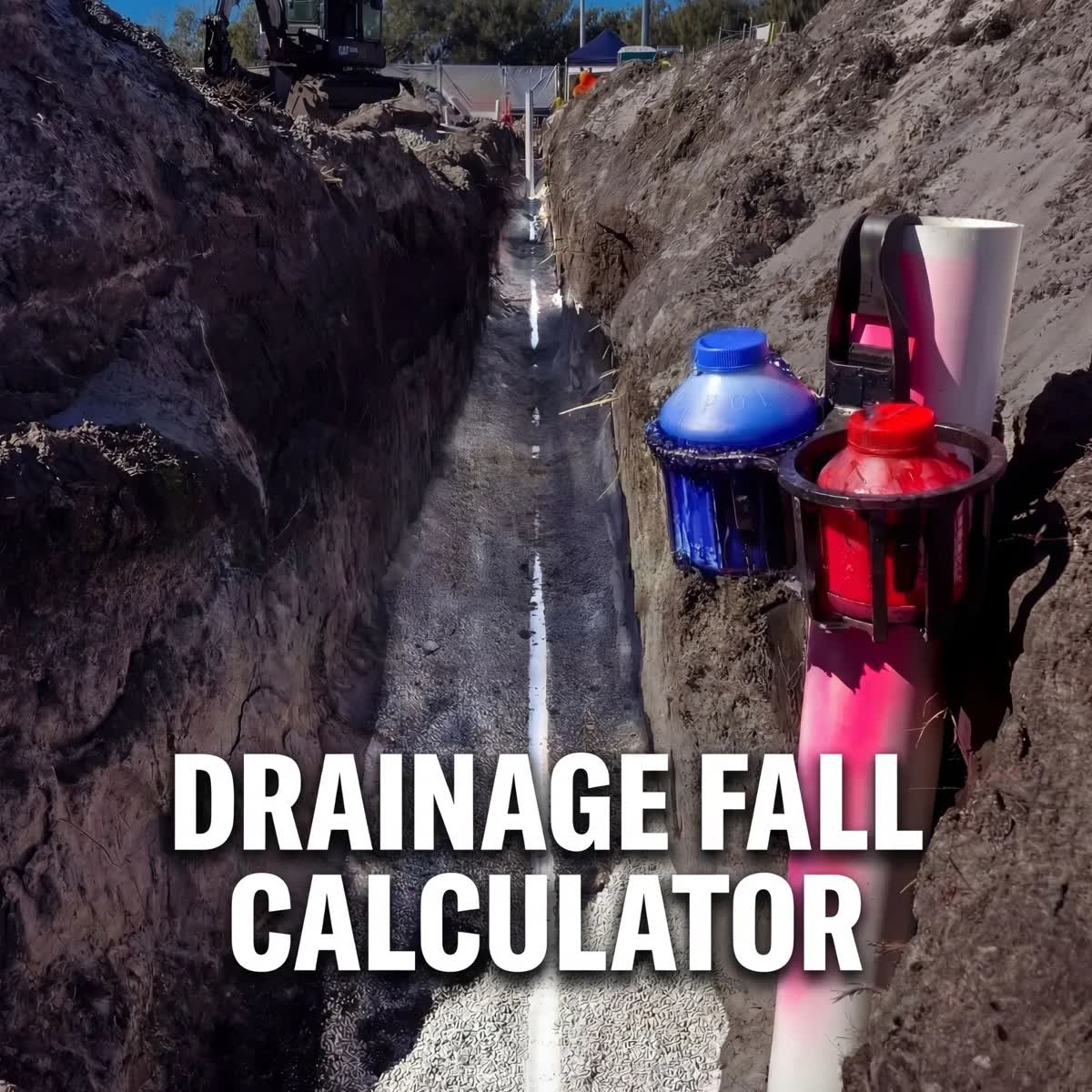 Drainage fall calculator for Australia and New Zealand  with colorful bottles on a construction site background
