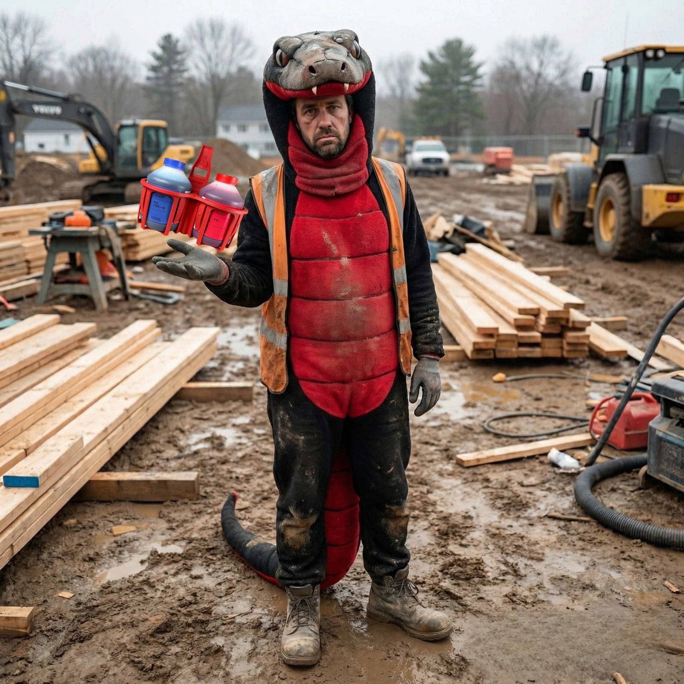 Man dressed in red belly black snake suit holding a constricta multi pot grip glue and primer caddy made by rebend industries 