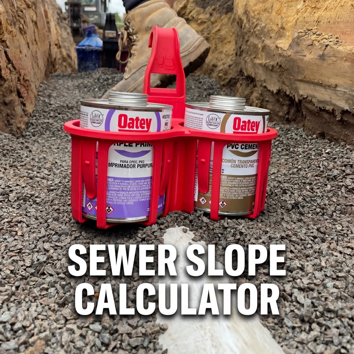 Red constricta Multo pot grip in a trench with text overlay saying. SEWER SLOPE CALCULATOR
