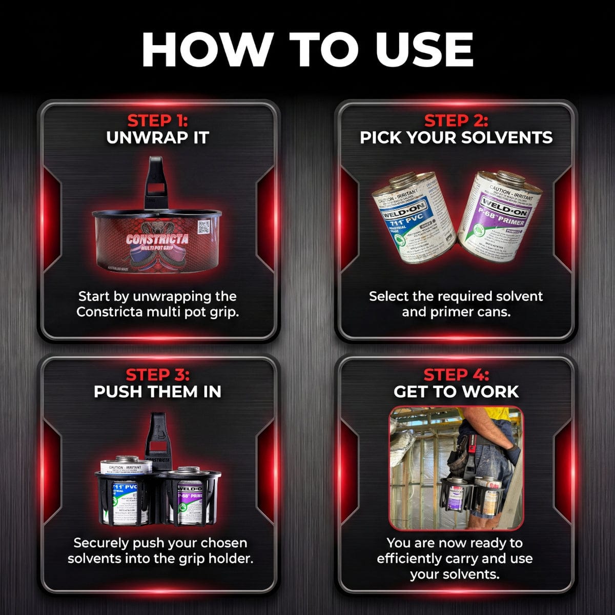Step-by-step guide on how to use a Constraqt multi pot grip with solvents and primer cans.